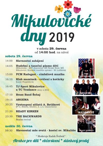 Plakát na koncert Mikulovice u Jeseníků 29. 6. 2019